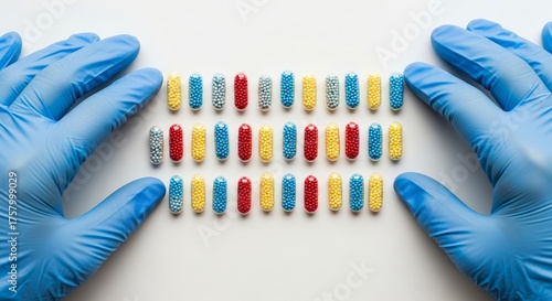 Gloved hands align colorful capsules filled with tiny spheres on white background, concept for pharmaceutical research, healthcare product analysis and medical treatment advancement