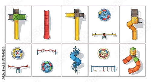 Illustrated playground equipment design elements on white background