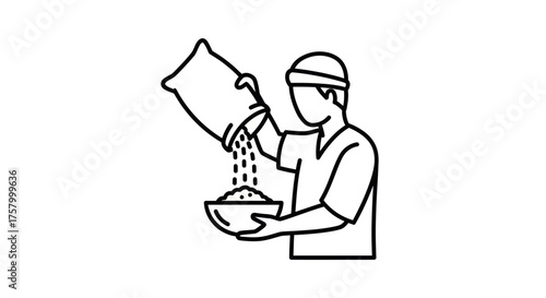Person pouring grain from a sack into a bowl.