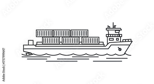 Container Ship Outline: Cargo Vessel with Stacked Containers on Water.