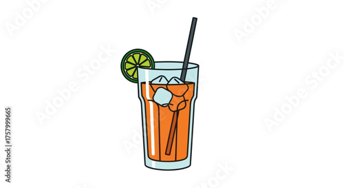 Refreshing Iced Tea Drink with Lime and Straw.