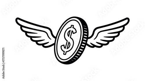 Black and white winged dollar coin icon with transparent background