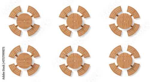 Overhead view of six circular wooden tables and benches
