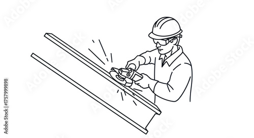 Construction worker grinding metal beam with sparks flying.