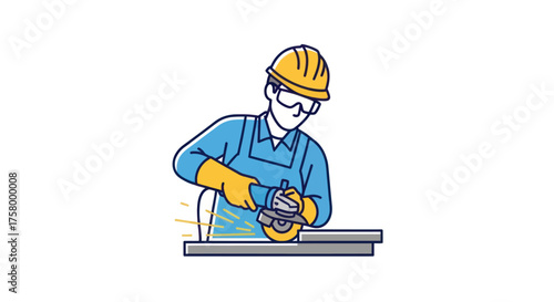Cartoon Illustration of a Construction Worker Grinding Metal.