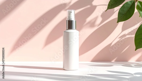 White Cosmetic Lotion Bottle with Silver Cap and Transparent Lid Sits on a Pink Background with Green Leaves and Shadows Creating a Summer Atmosphere