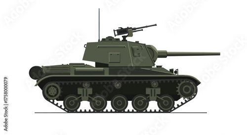 Side View of a Military Tank with Gun and Antenna.