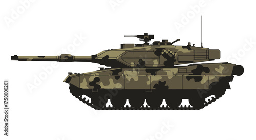 Camouflaged Main Battle Tank with Turret and Cannon.