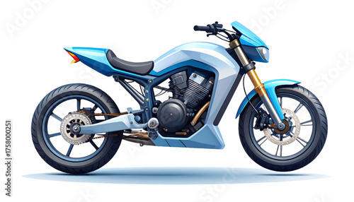 Modern blue and white motorcycle with sleek design on a white background.