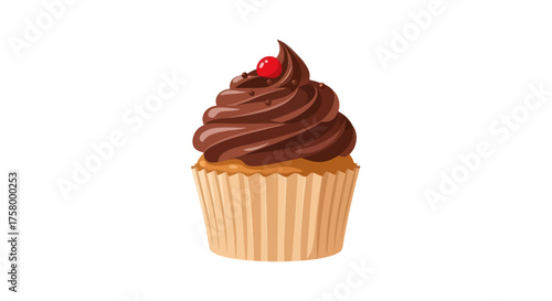 Delicious Chocolate Frosted Cupcake with Red Cherry Topping.