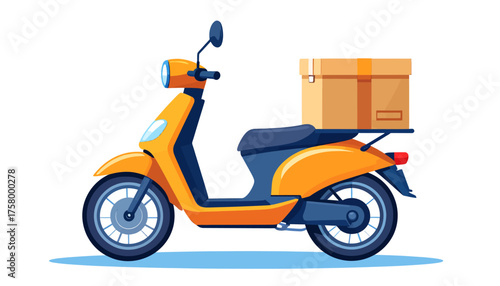 Yellow delivery scooter with a cardboard box on the back, isolated on a white background, representing fast and efficient package delivery service.
