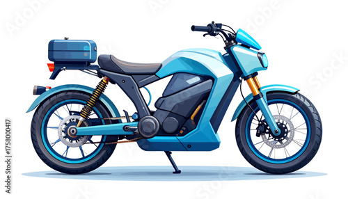 A modern light blue electric motorcycle with a dark blue storage box on the back, parked on a white background.