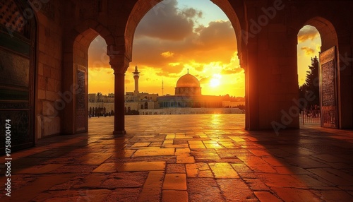 Golden dome of the rock at sunset, viewed through an archway