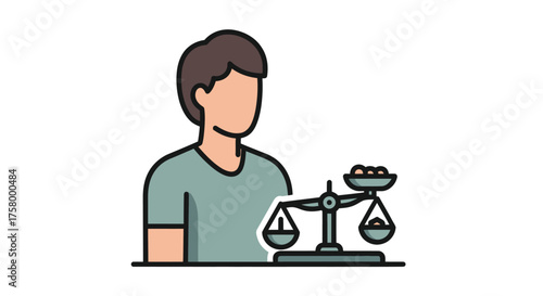 Illustrated Person with Balance Scale Icon for Justice or Decision.
