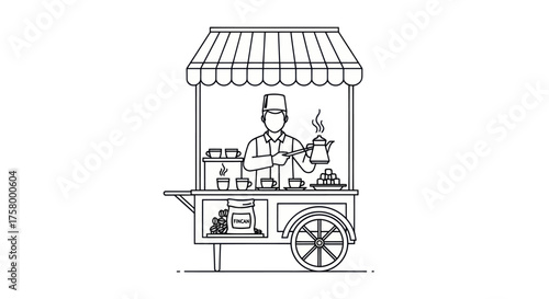 Illustrated street vendor serving hot beverages from a cart.