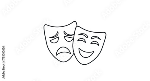 Simple black line art icon of comedy and tragedy theatrical masks a symbol of drama and performance.