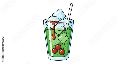Refreshing Green Drink with Ice Cherries and Straw in a Tall Glass Illustration.