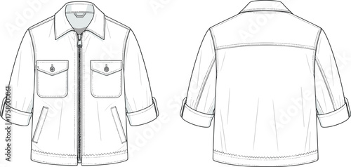Women’s denim jacket flat sketch, front and back view with roll-up sleeves, button pockets and zipper closure vector illustration