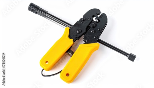Yellow Handled Crimping Tool with Black Cable Tie on White Background Macro Detail Overhead View