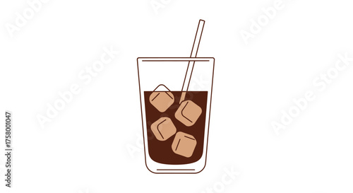 A simple illustration of a glass of iced coffee with ice cubes and a straw.