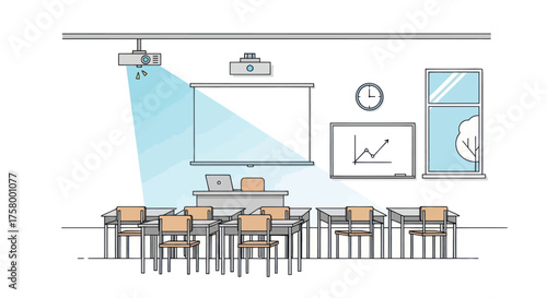 Modern Classroom with Projector Screen Desks and Chairs.