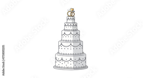 Elegant Multi-Tiered Wedding Cake Sketch with Ring Topper.