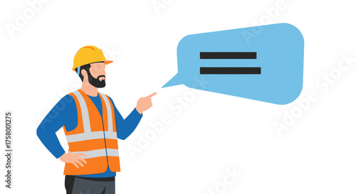 Construction Worker with Hard Hat and Safety Vest Pointing to Equals Sign.