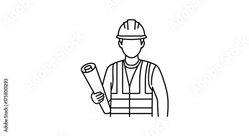Construction worker in hard hat holding rolled blueprints line art illustration.