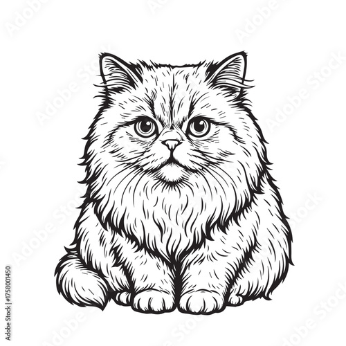 Vector artwork of a Persian cat portrayed in classic monochrome tones, using clean black outlines to define soft textures and graceful feline characteristics.