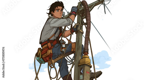 AI-generated illustration of a lineman repairing electrical cables on a utility pole, showing dedication, safety, and professional work outdoors