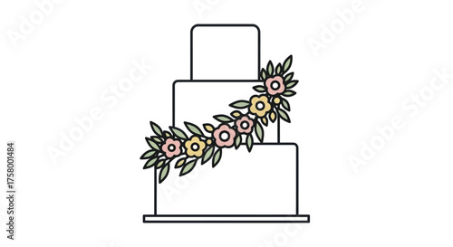 Elegant Three-Tiered Wedding Cake Illustration with Colorful Floral Decoration.