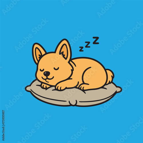 Bright and colorful vector image of a dog napping deeply on a pillow, expressing comfort, tranquility, and tenderness through vivid design.