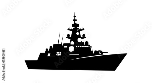 Silhouette of a Modern Naval Warship with Radar and Antennas.