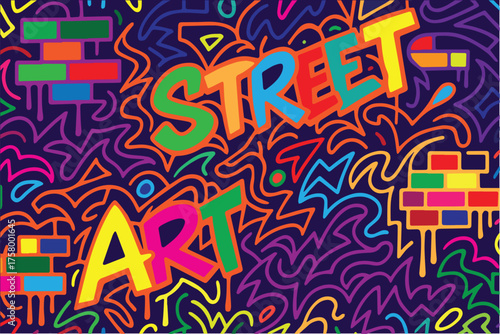 Bright colorful vector artwork showing graffiti-style lettering “Street Art”, blending dynamic shapes, vivid colors, and authentic street culture aesthetics.