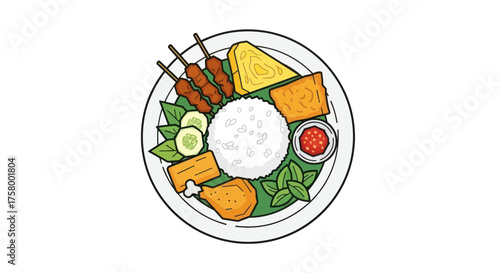 Delicious Indonesian Nasi Campur Dish with Various Components.