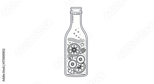 Line Art Drawing of a Bottle with Fruit Slices and Liquid Infusion.