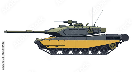 Modern Military Tank with Long Barrel and Camouflage Design.