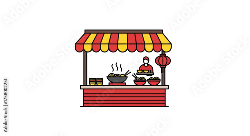 Vibrant Asian Street Food Stall with Vendor and Lanterns.