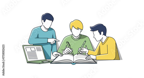 Three students collaborating on a study project with a laptop and open book.