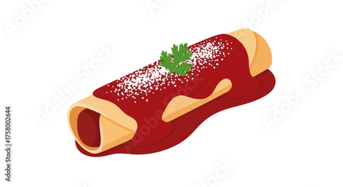 Savory Enchilada with Rich Red Sauce Sprinkled Cheese and Fresh Garnish.