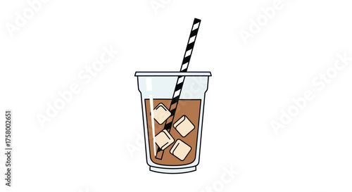 Iced Coffee in a Clear Plastic Cup with Striped Straw.