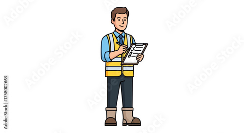 Smiling Male Worker in High-Visibility Vest Holding Clipboard and Pen.