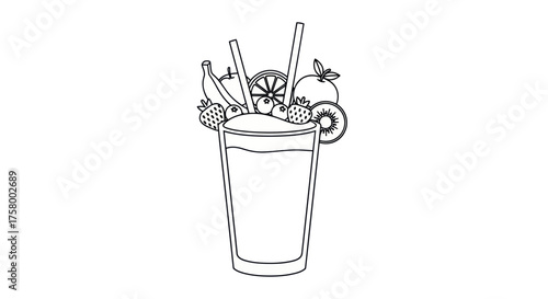 Fresh Fruit Smoothie with Straws and Garnish Outline Illustration.