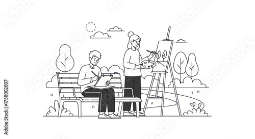Artists Painting Outdoors: A Man and Woman Creating Art in a Park Setting.