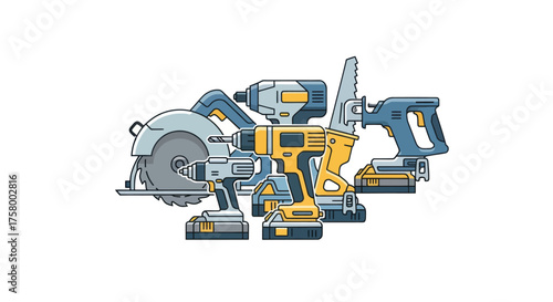 Assortment of Modern Cordless Power Tools Illustration: Circular Saw Drill and Impact Driver.