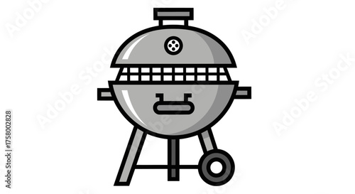 Charcoal Grill Illustration with Lid Thermometer and Wheel.