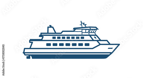 Stylized Blue and White Line Drawing of a Modern Passenger Ferry Boat.