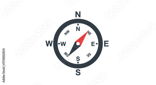 Classic Navigational Compass with Red Magnetic Needle Pointing North.