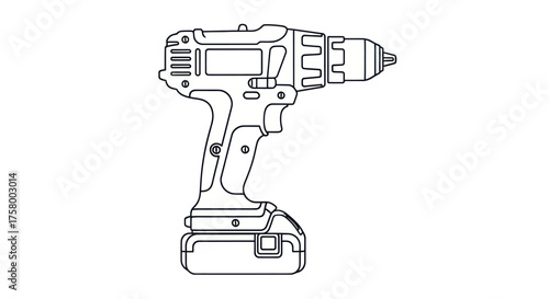 Cordless Drill Outline: A detailed line drawing of a power drill with battery pack.