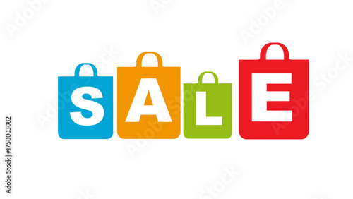 Displays colorful shopping bags forming the word sale on white. Suitable for marketing and advertising promotions, retail websites, and social media graphics.